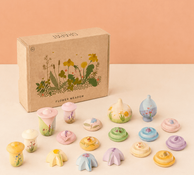 Grapat Flower Meadow 18-osaline värviliste puidust lillede komplekt vabamänguks