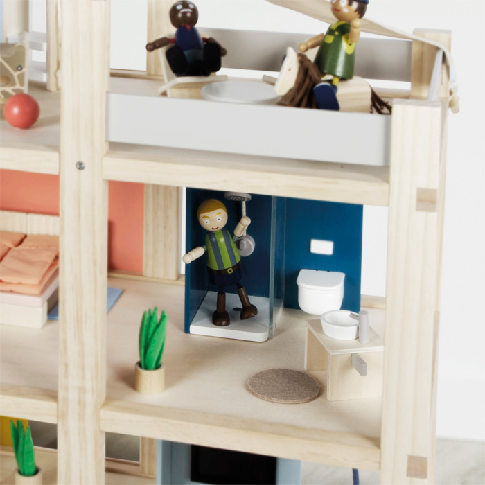 Põhjamaise disainiga puidust nukumaja koos mööbliga ja katuse­terassiga Suur kolmekorruseline puidust nukumaja lastele