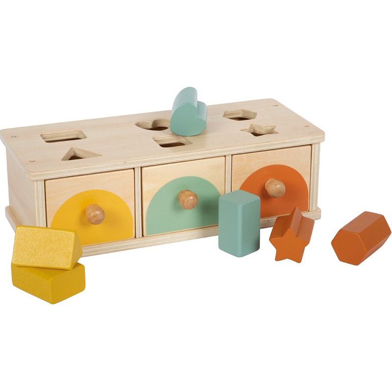 Montessori puidust sorteerimismäng ja pistmiskarp kolme sahtliga