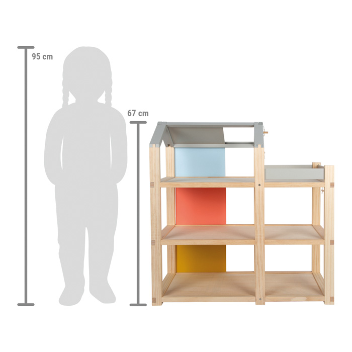 Põhjamaise disainiga puidust nukumaja koos mööbliga ja katuse­terassiga Suur kolmekorruseline puidust nukumaja lastele