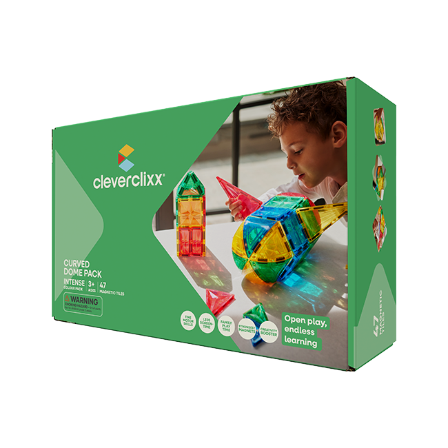 Cleverclixx Curved Dome Pack Intense 47 tk – kumerad kolmnurga kujuga magnetklotsid, mis ühilduvad Connetix ja teiste magnetklotsidega