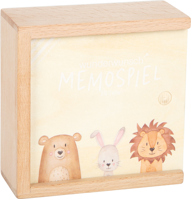 Puidust mälumäng ja memoriin lastele 3+ – loomapildid ja liugkaanega puidust hoiukarp