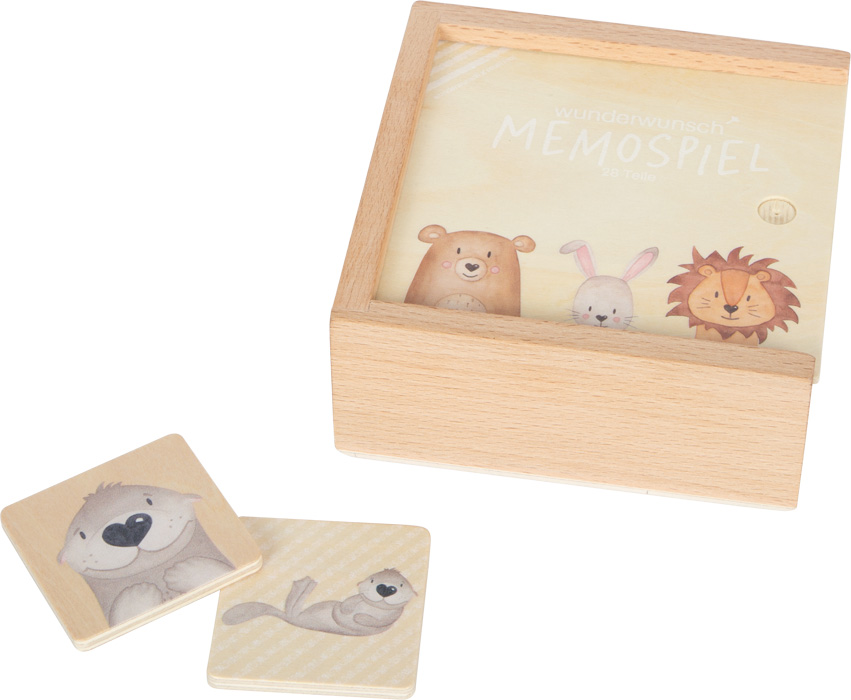 Puidust mälumäng ja memoriin lastele 3+ – loomapildid ja liugkaanega puidust hoiukarp