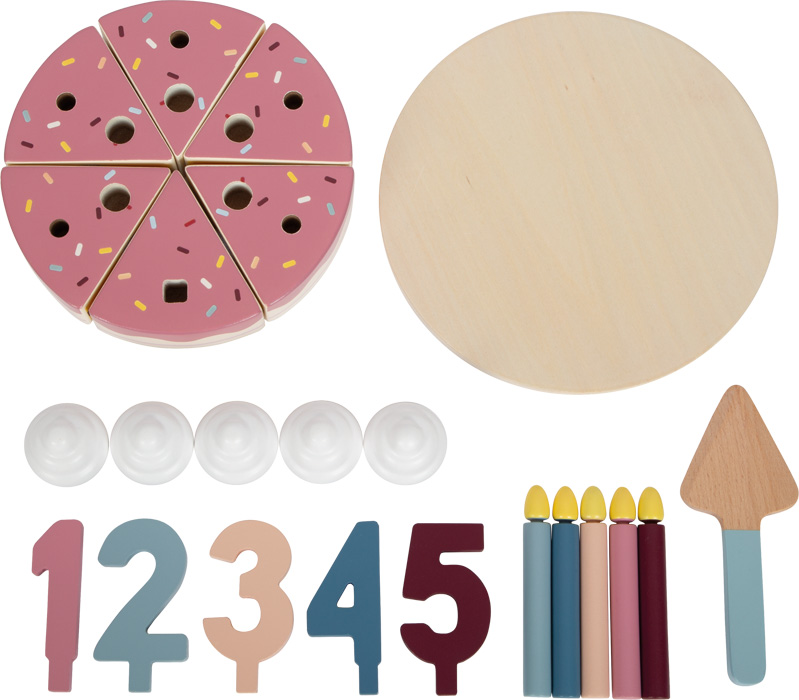 Puidust sünnipäevatordi mängukomplekt – lõigatav tort, tordialus ja tordilabidas.