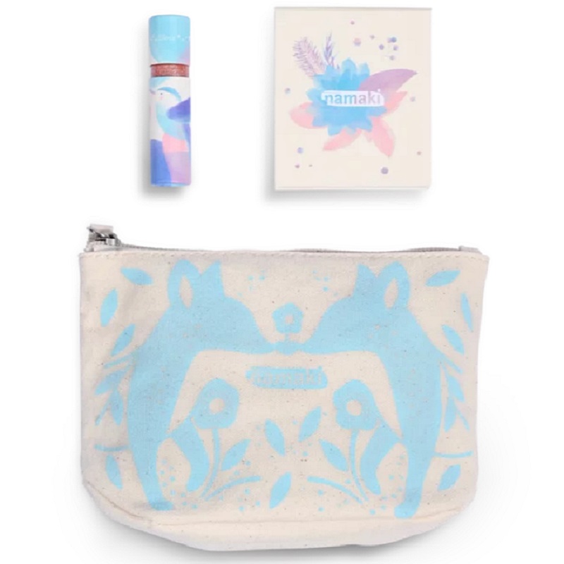 Looduslik meigikomplekt koos lauvärvi ja huuleläikega Namaki meigikott virsikulõhnalise huuleläike ja pärlmutripaleti komplekt