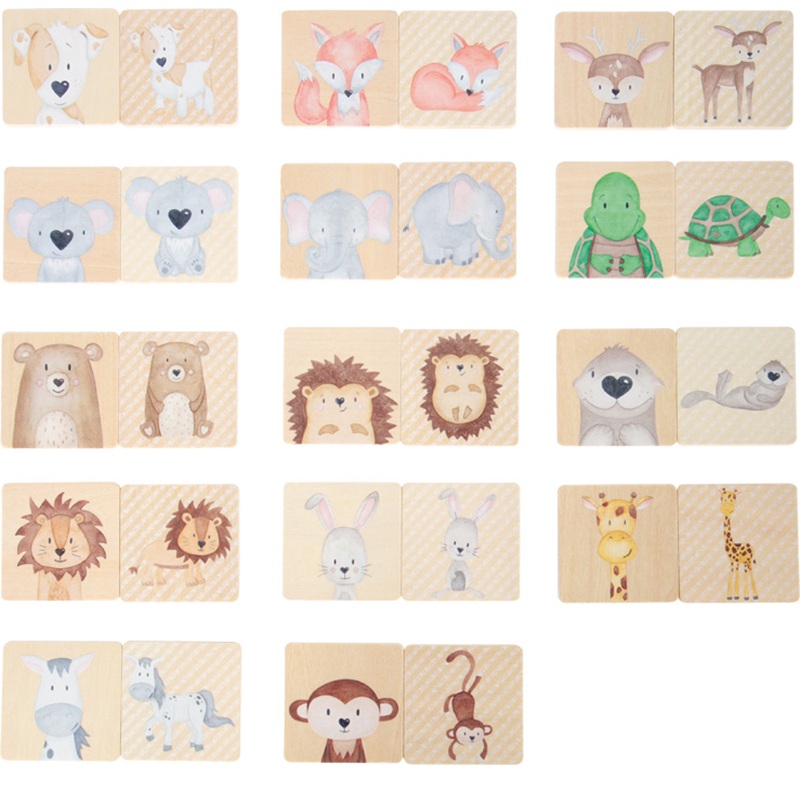Puidust mälumäng ja memoriin lastele 3+ – loomapildid ja liugkaanega puidust hoiukarp