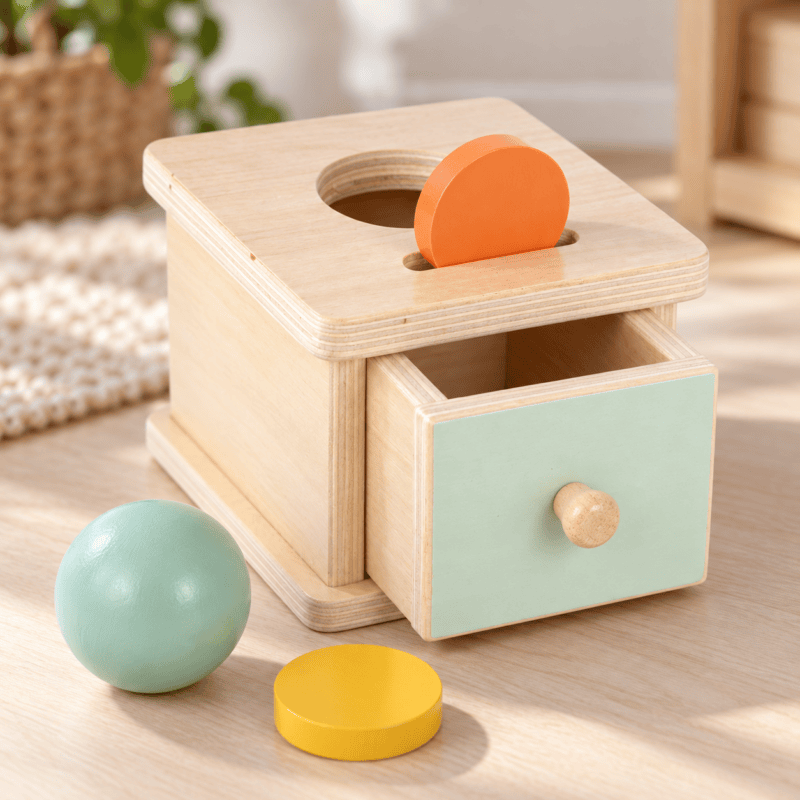 Montessori eseme jäävuse karp small foot Montessori sisestus- ja pallikarp sahtliga