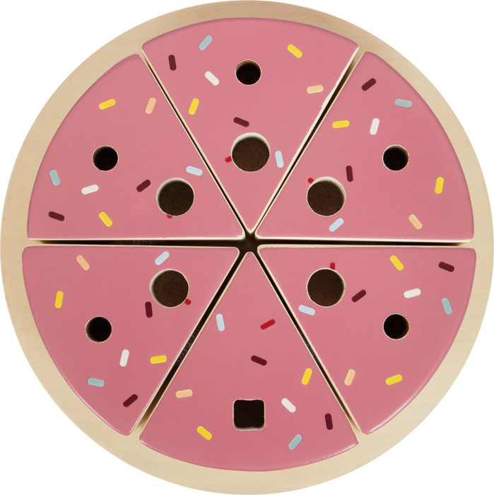 Puidust sünnipäevatordi mängukomplekt – lõigatav tort, tordialus ja tordilabidas.