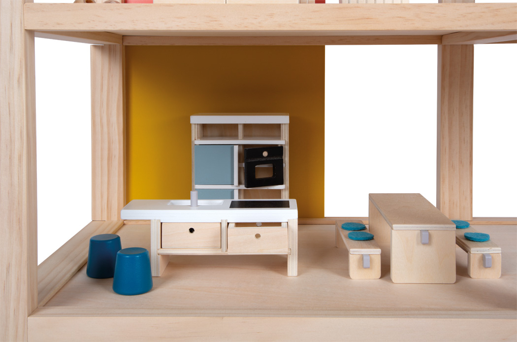 Põhjamaise disainiga puidust nukumaja koos mööbliga ja katuse­terassiga Suur kolmekorruseline puidust nukumaja lastele