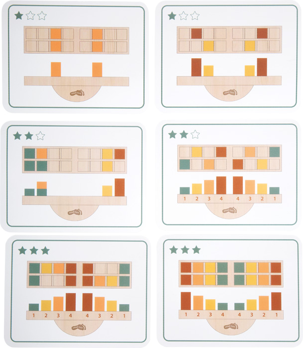 Montessori puidust tasakaalumäng värviliste klotside ja kaartidega