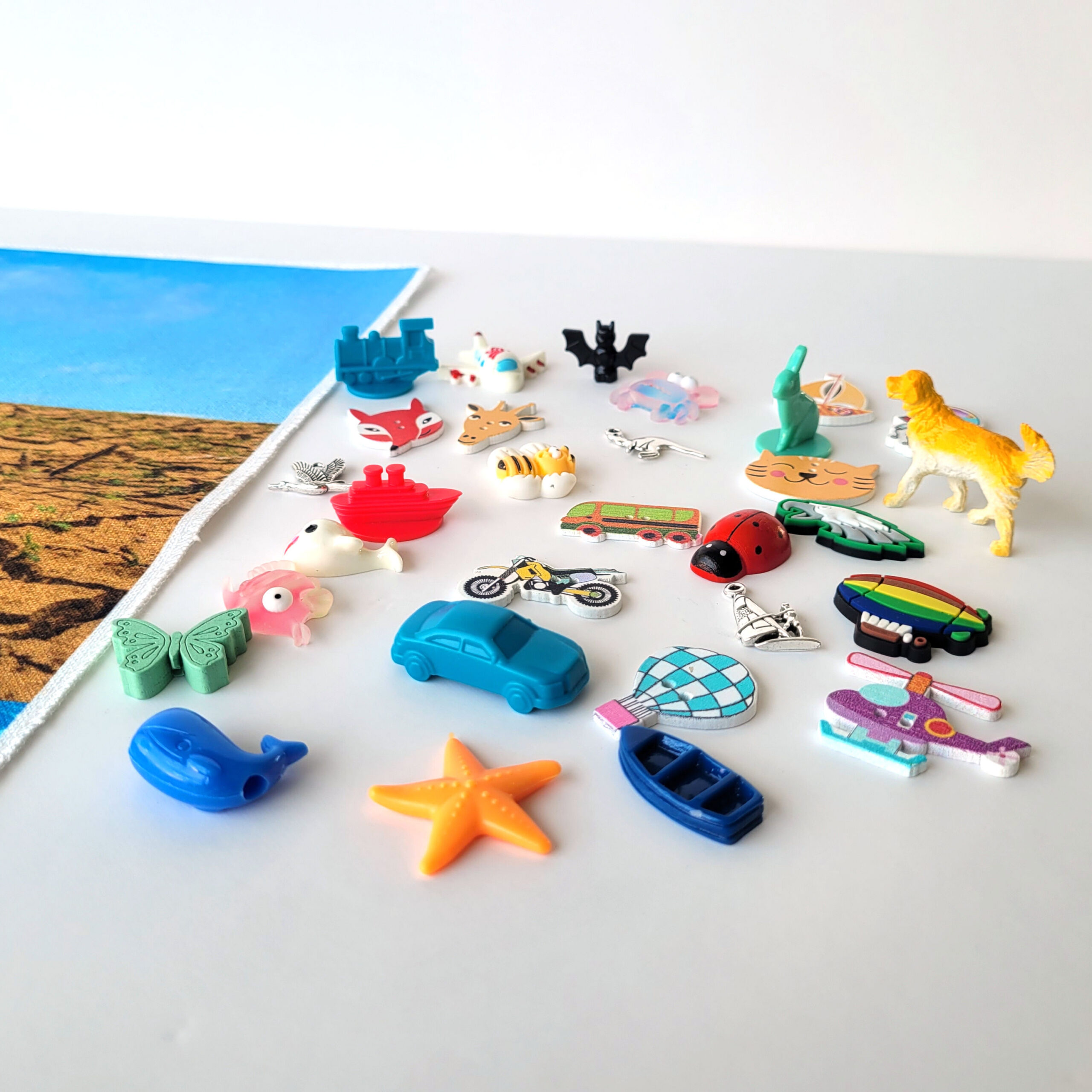 Montessori sorteerimismäng Õhk–Maa–Vesi miniatuursete mänguvahenditega Montessori sorteerimismäng Õhk–Maa–Vesi miniatuursete mänguvahenditega