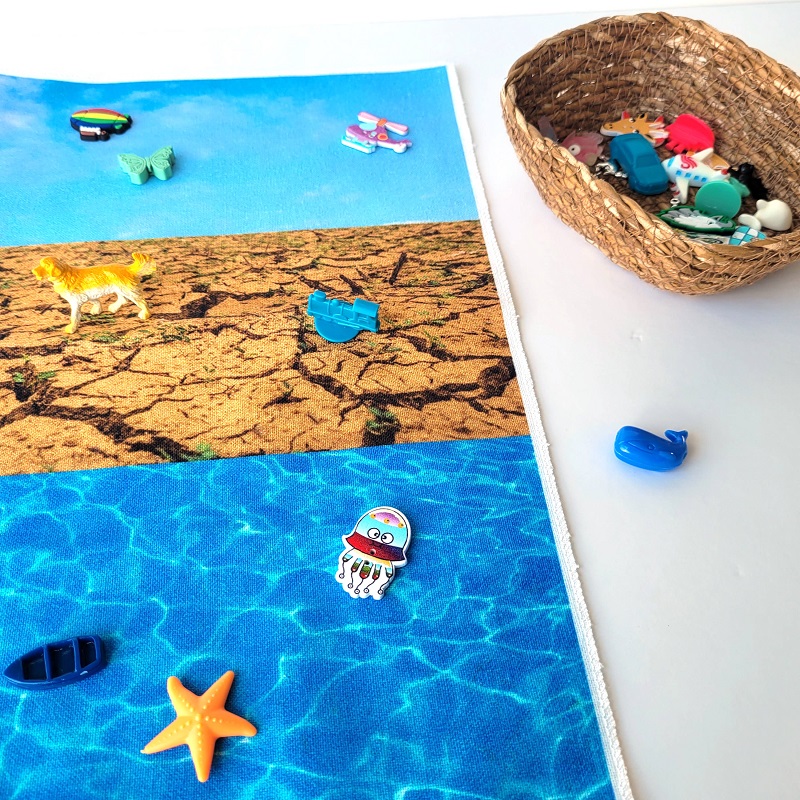 Montessori sorteerimismäng Õhk–Maa–Vesi miniatuursete mänguvahenditega