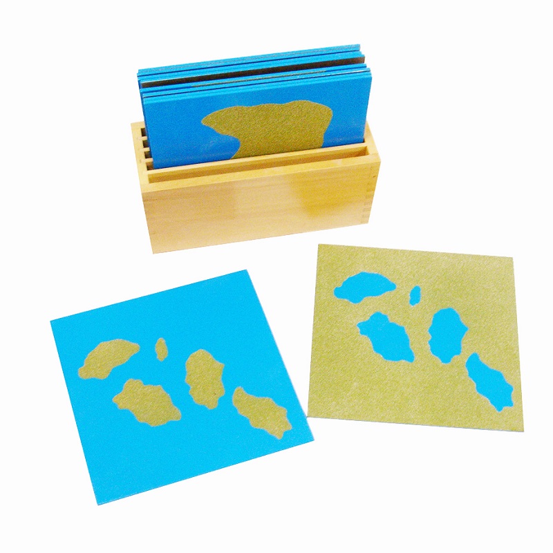 Geograafia ja loodusõpetuse maa ja vee pinnavormide sensoorsed Monteossri õppekaardid