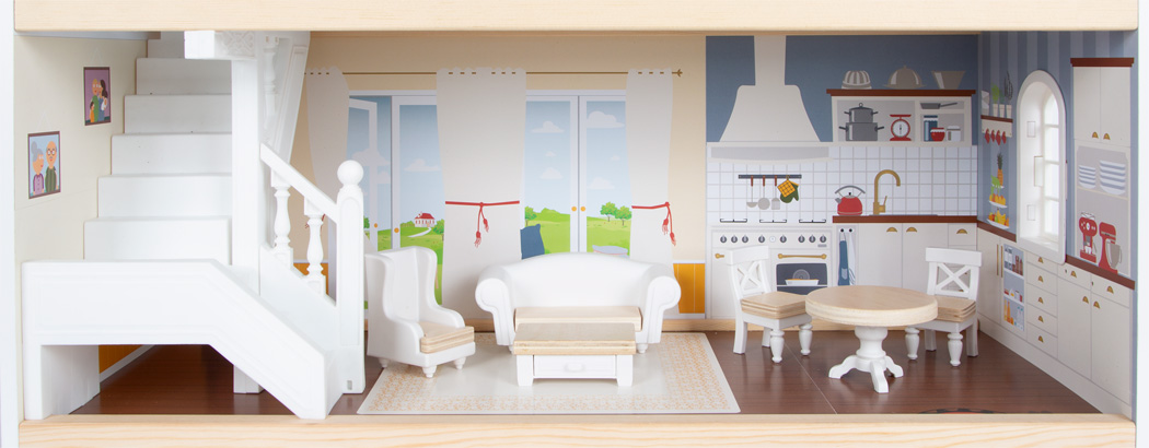 suur puidust kolmekordne mängumaja nukumaja mööbliga