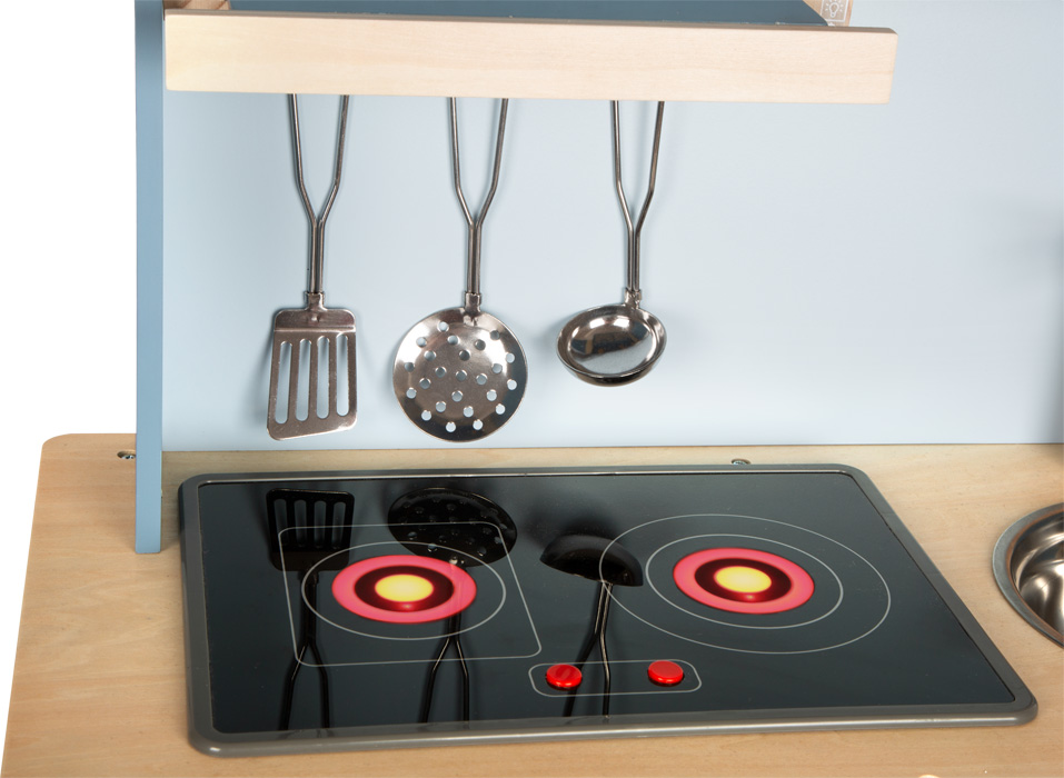 Puidust mänguköök koos töövahenditega sööginõudega laste köök toiduained mänguköök