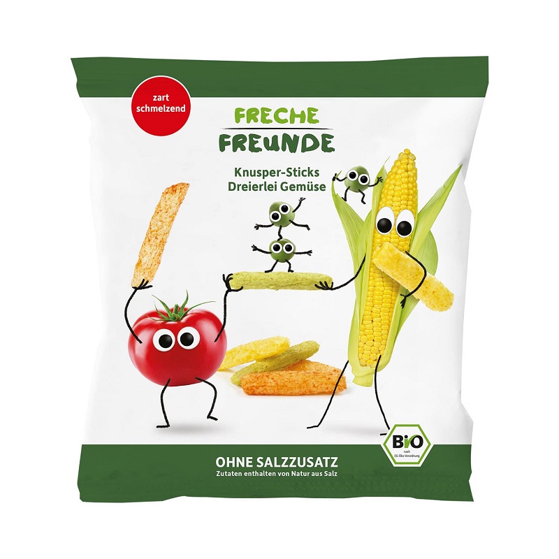 Mahe juurviljadega maisipulgad Freche Freunde naturaalne ohutu lapsele snäkk krõpsud juurviljakrõpsud maisipulgad vahepala