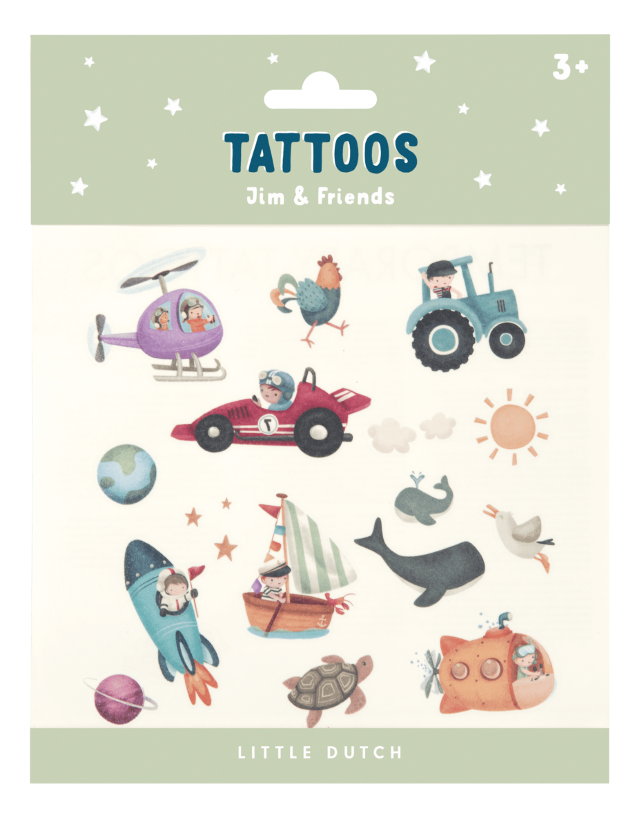 Little dutch ajutised tätoveeringud Tätoveeringute komplekt "Jim & sõbrad" kleepsud nahale ohutud
