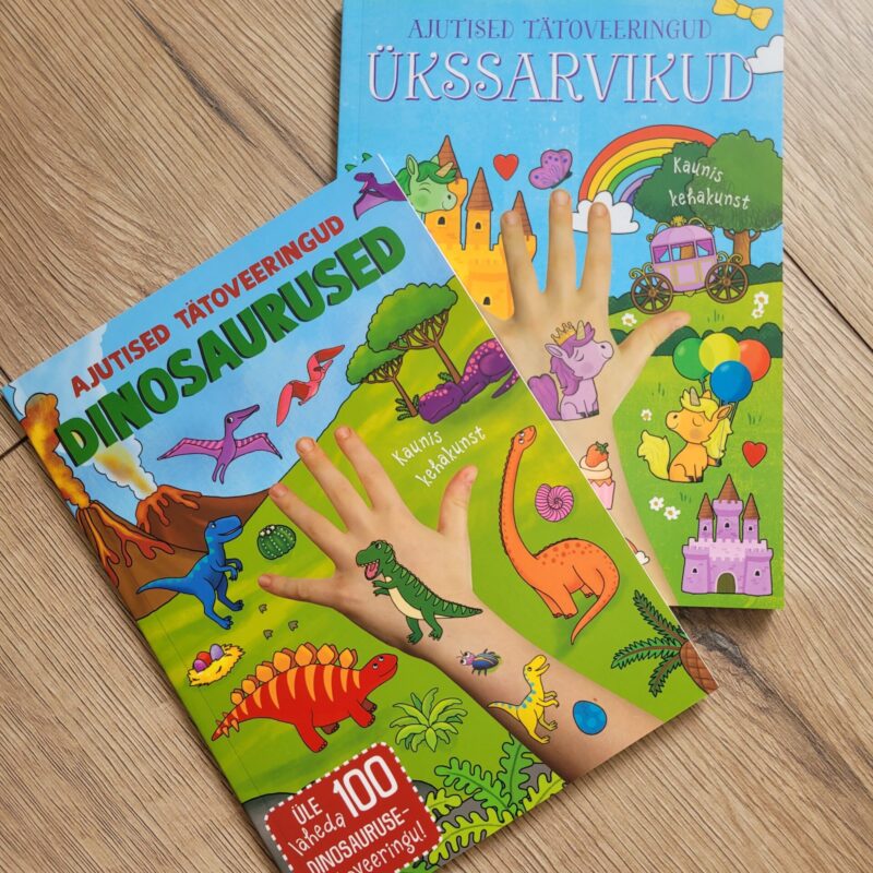Töövihik ja ajutiste tätoveeringute komplekt "Dinosaurused"