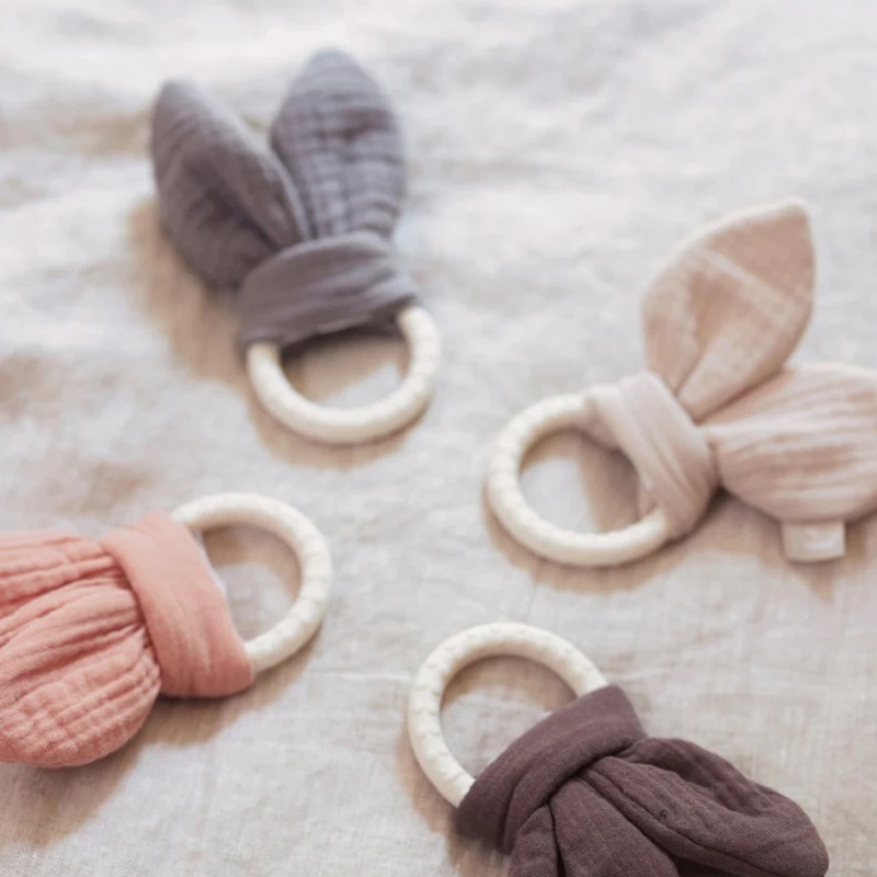 närimisrõngas beebile jollein looduslik krõbisev sensoorne jänku kõrvad