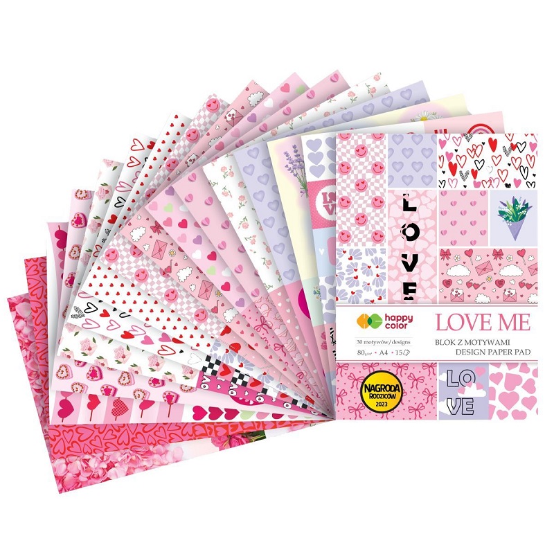 Disainpaberi segupakk „Love me“ – roosa, punase ja armastuse teemalise mustriga.