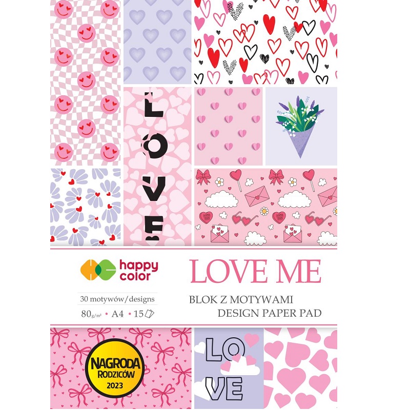 Disainpaberi segupakk „Love me“ – roosa, punase ja armastuse teemalise mustriga.