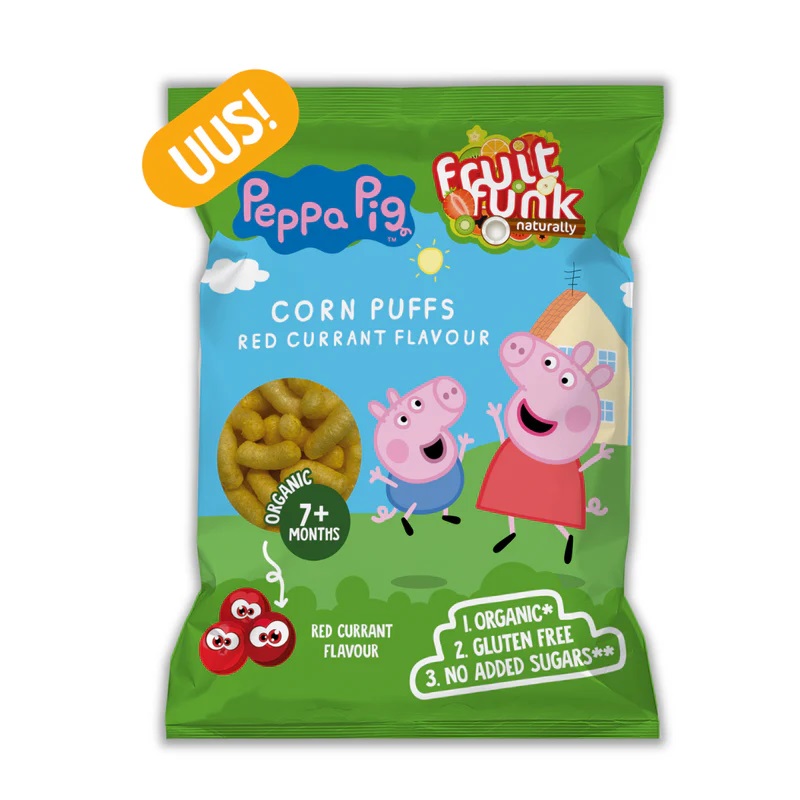 Peppa Fruit Funk maisipulgad sõstramaitselised pakendis Mahedad ja suhkruta beebisnäkid alates 7. elukuust