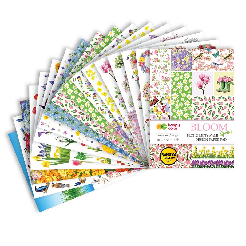 Disainpaberi segupakk kevadised lilled, linnud, õied teemalise mustriga.