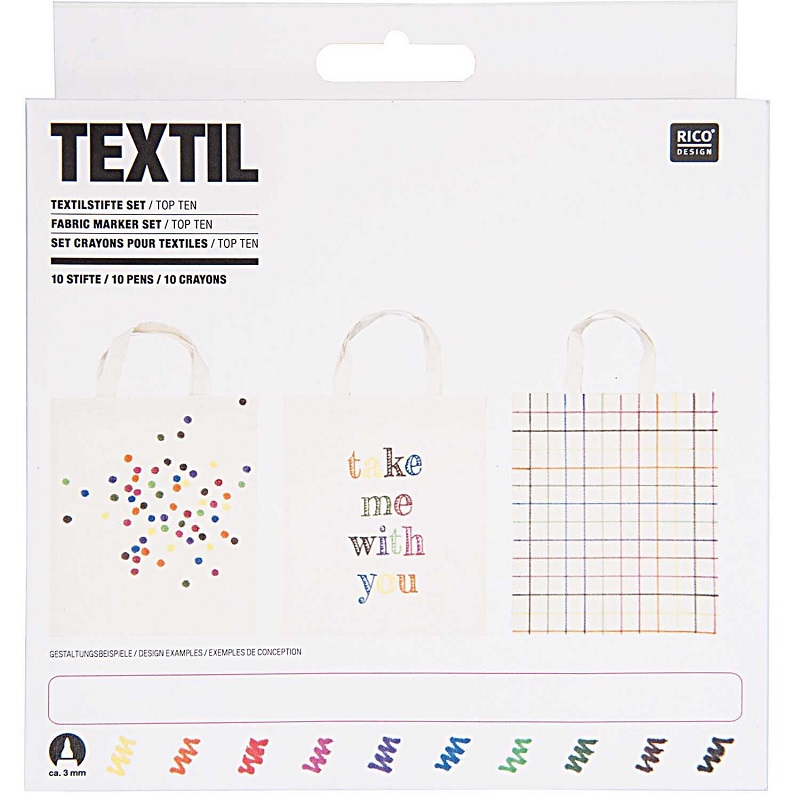 Rico Design Tekstiilimarkerid 10 põhivärviga – kangale joonistamiseks