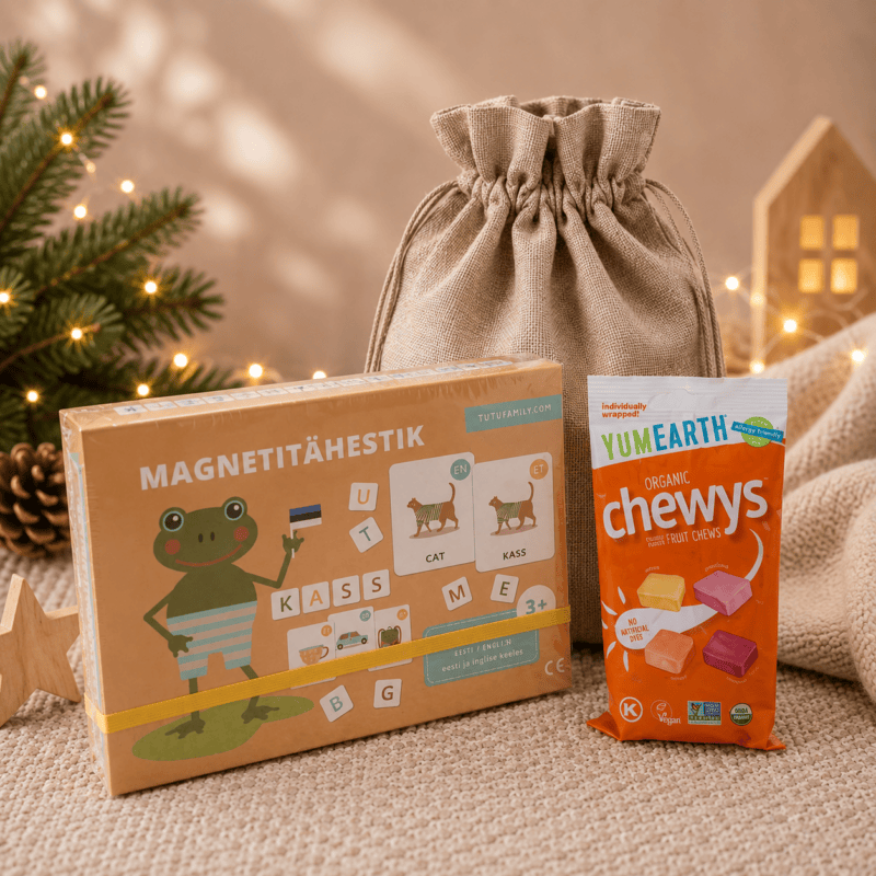 Kingipakk eesti-inglise sõnamäng magnettähestikuga ja YumEarth Chewys nätsukommidega