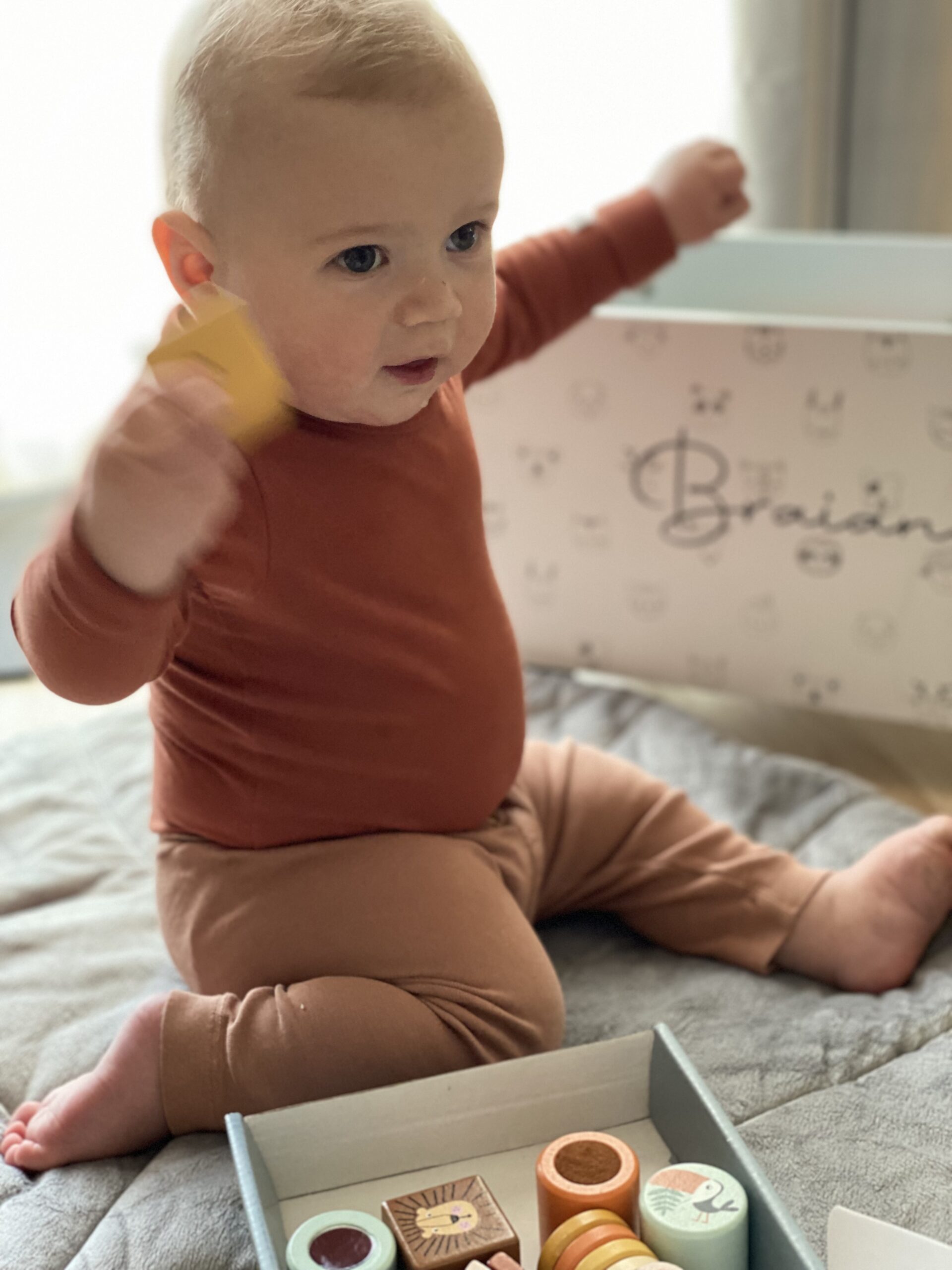 sensoorsed puidust klotsid ja mahe püree kinkekotis