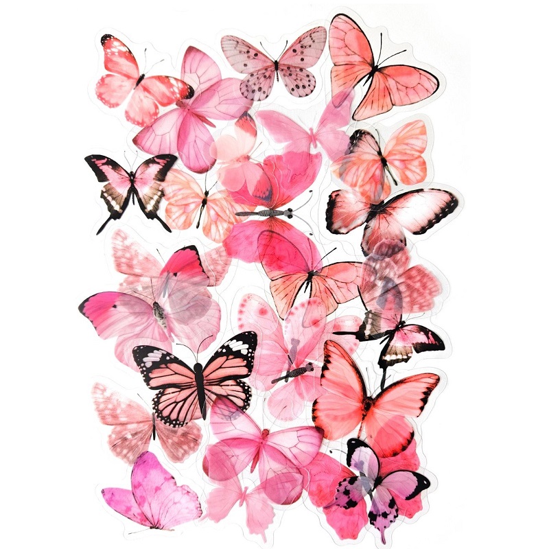 Realistlikud kleepsud – 40 läbipaistva äärega liblikat kaunistamiseks.