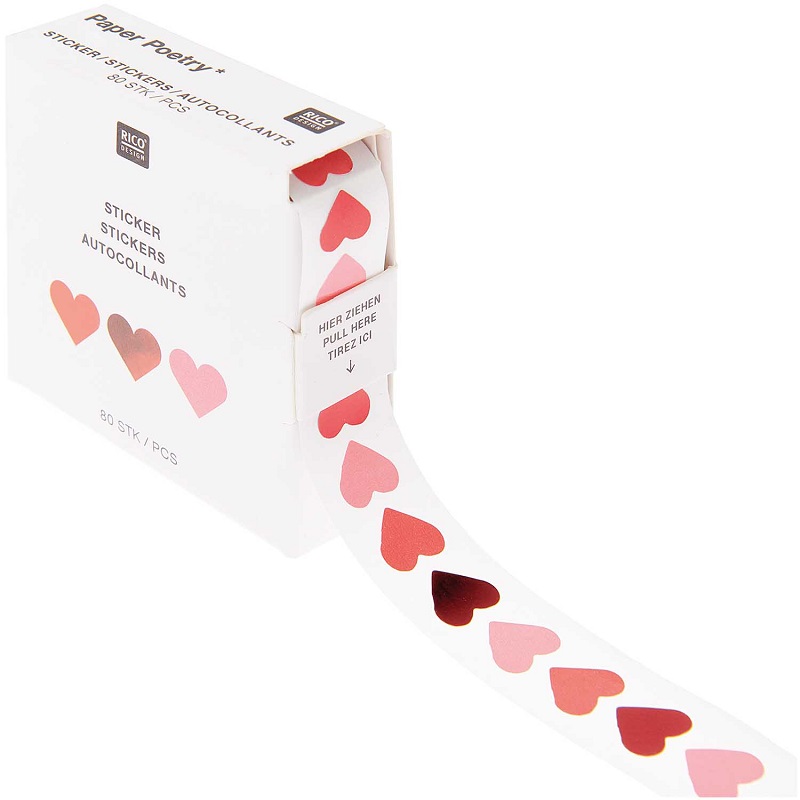 Südamekujulised kleepsud – 80 tk erinevate värvitoonidega rullpakendis.