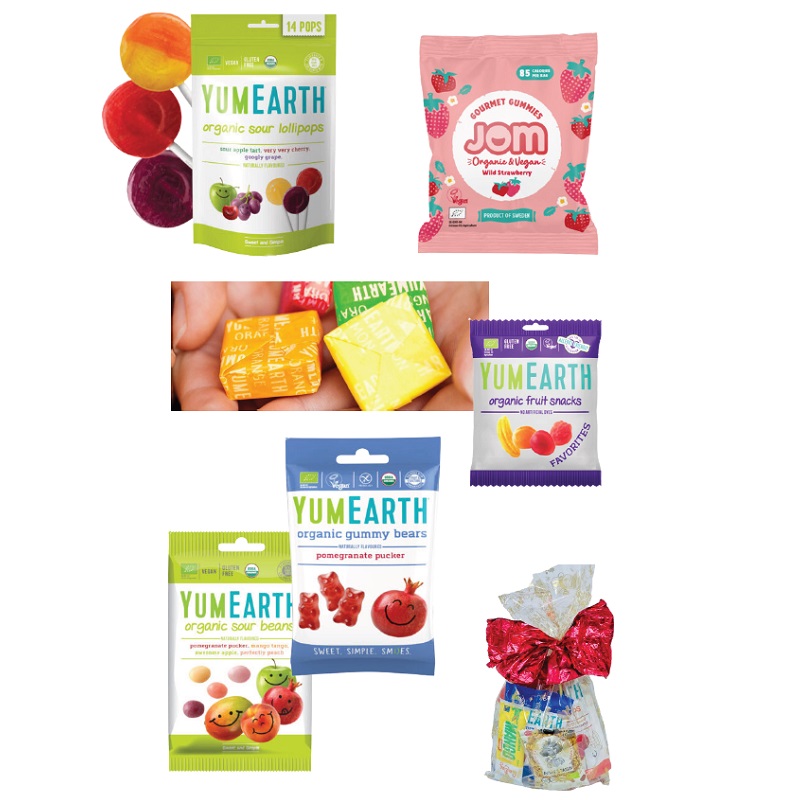 Yumearth ja JOM mahedad snäkid kinkepakis lapseheaks.ee tervislik kommipakk lastele – looduslikud maiused jõuludeks