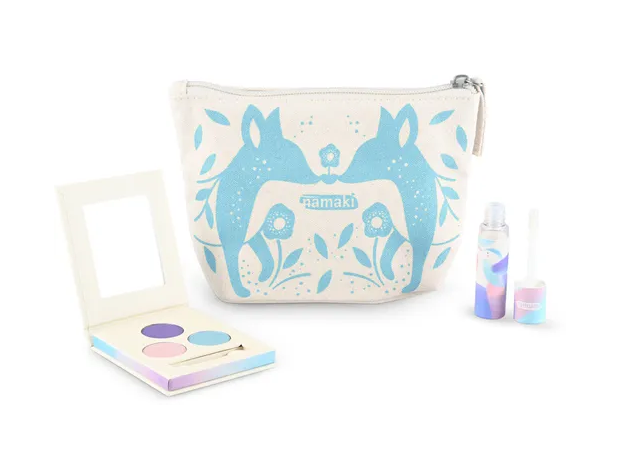 Looduslik meigikomplekt koos lauvärvi ja huuleläikega Namaki meigikott virsikulõhnalise huuleläike ja pärlmutripaleti komplekt