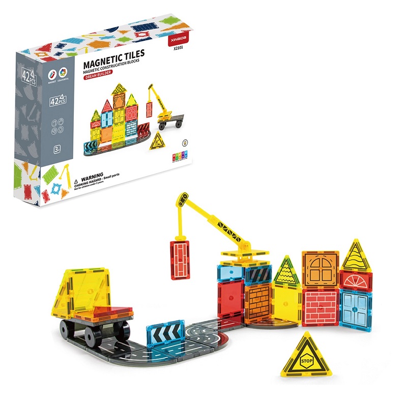 Magnetklotsid „Ehitusplatsil“ – 42-osaline komplekt kuhu kuuluvad autoalused, autorajad, kraanajupid, ehitusklotsid ja tugevad magnetklotsid