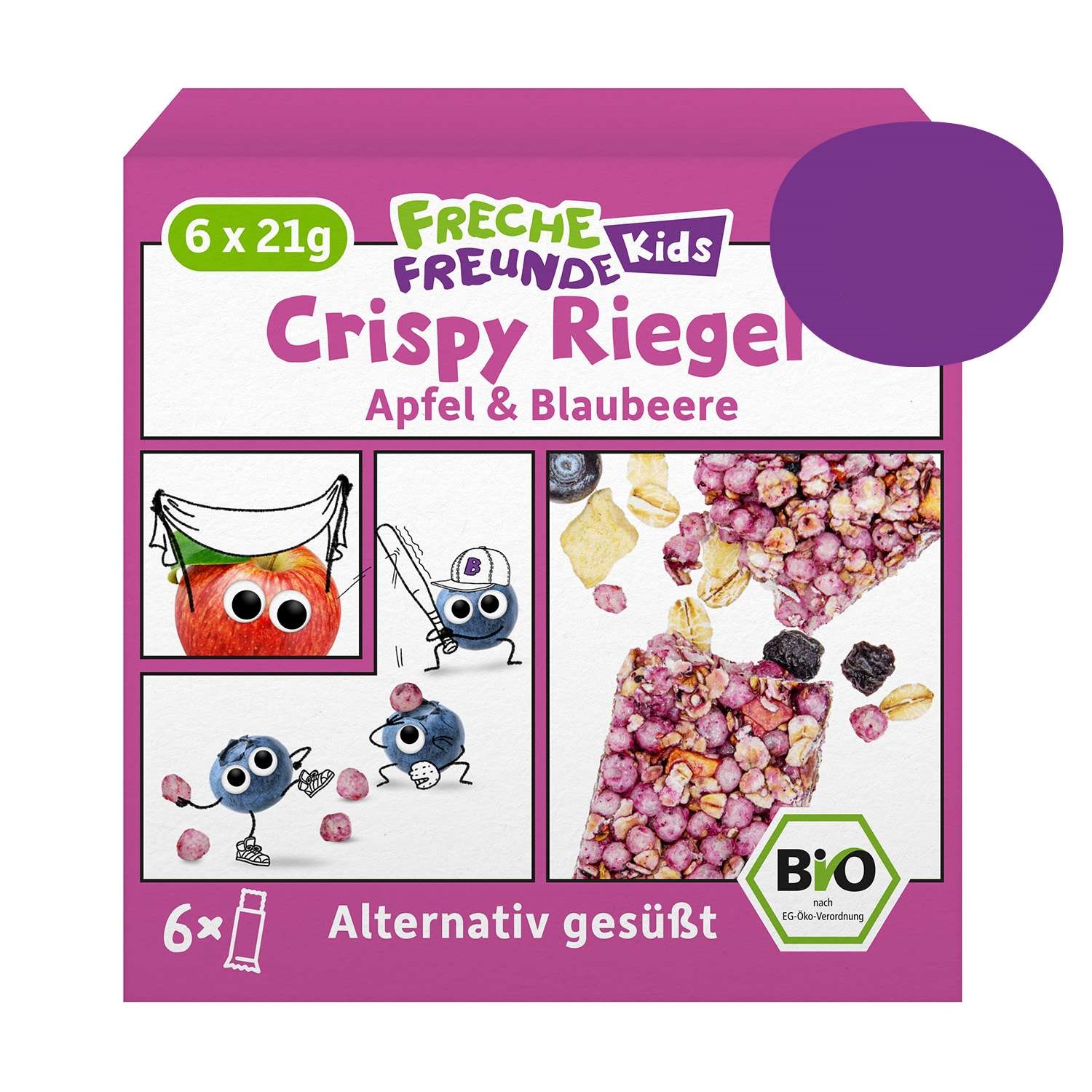 Freche Freunde orgaanilised müslibatoonid mustika ja õunaga Freche Freunde Crispy Riegel Apfel & Blaubeere müslibatoonid lastele