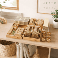 Montessori Golden Bead Material kuldsete helmeste komplekt puidust karbiga kümnendsüsteemi õppimiseks Montessori Golden Bead Material kuldsete helmeste komplekt puidust karbiga kümnendsüsteemi õppimiseks