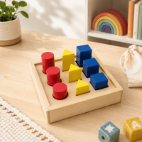 Puidust kujundite ja värvide klotside sorteerimismäng Montessori stiilis