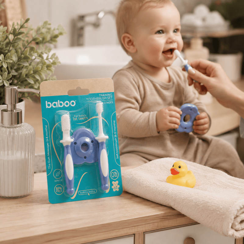 BABOO beebi hambaharjakomplekt igememasseerijaga, 6+ kuud, sinine