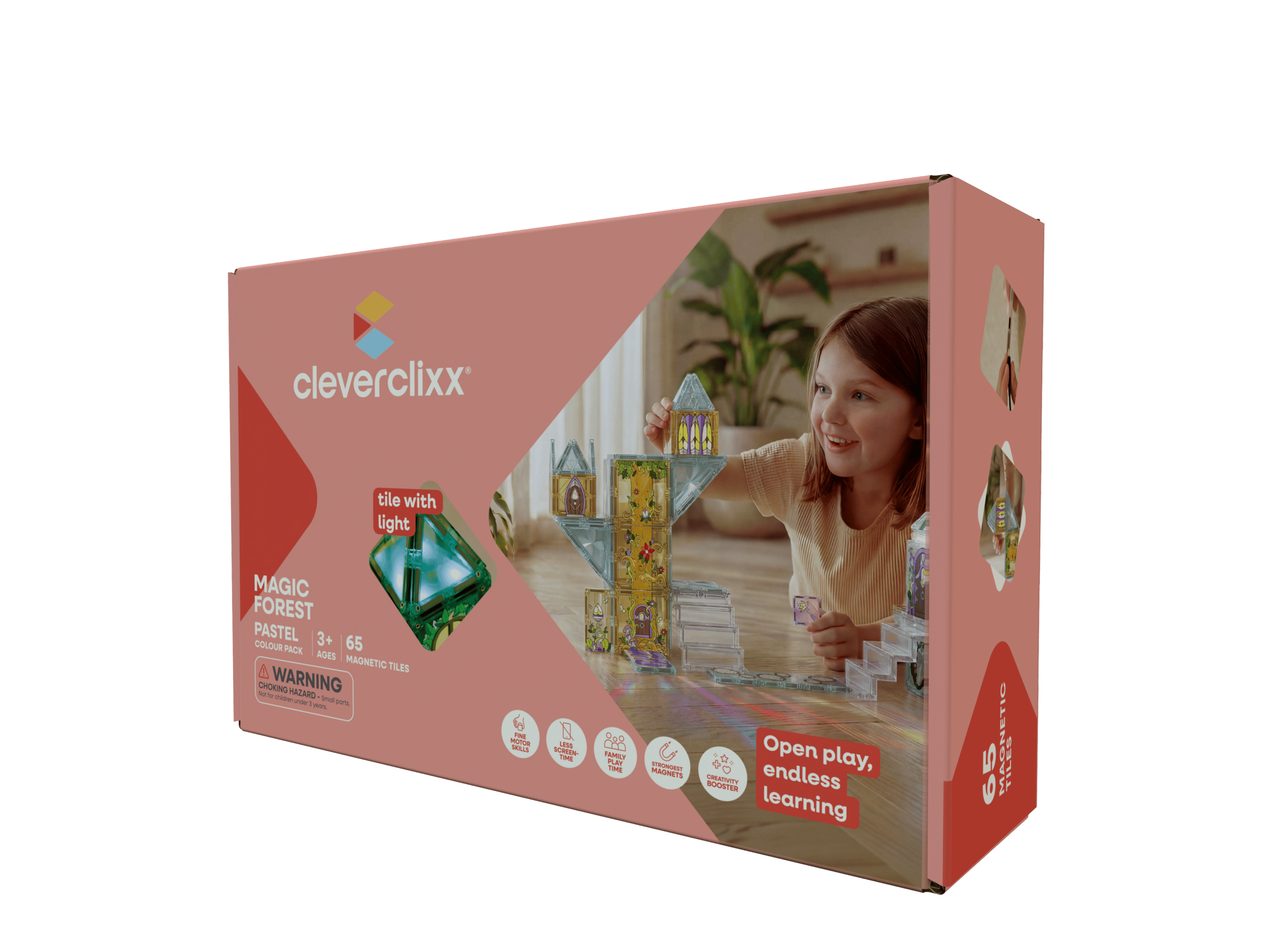 Cleverclixx Magic Forest Pastel magnetklotsid valgusplaadiga 65 osa