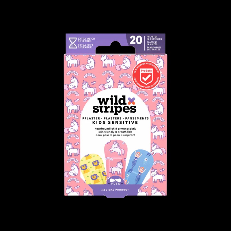 WILD STRIPES Kids Fantasy laste plaastrid tundlikule nahale 20 tk Lõbusad laste plaastrid ükssarviku merineitsi ja lõvi kujundusega