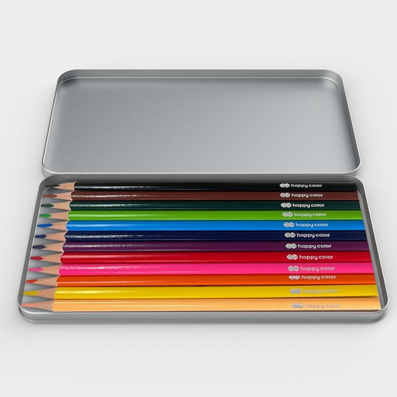 Happy Color kolmnurksed värvipliiatsid metallkarbis 12 värvi lapsele kooli ja lasteaeda