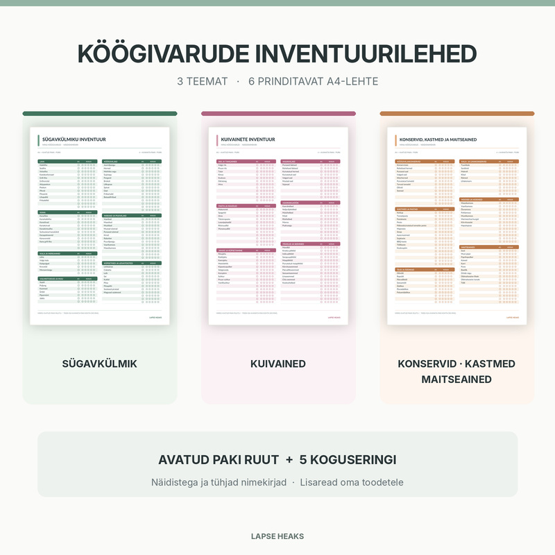 Tasuta köögivarude inventuurilehtede komplekt – sügavkülmiku, kuivainete ning konservide ja maitseainete prinditavad nimekirjad