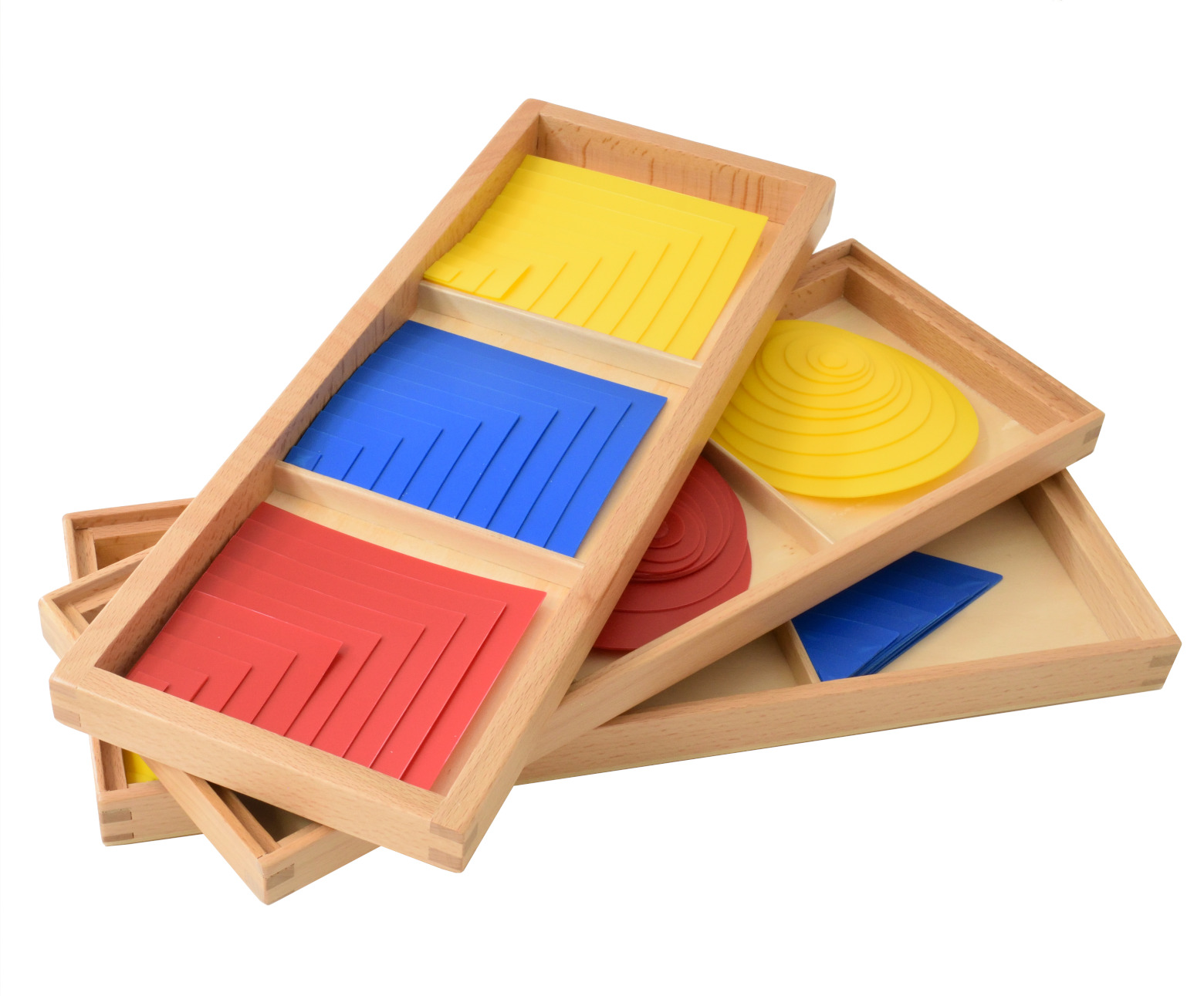 Montessori pedagoogika õppevahend geomeetrilised vahendid puidust karpides matemaatika kujundid kolmnurk ring ruut