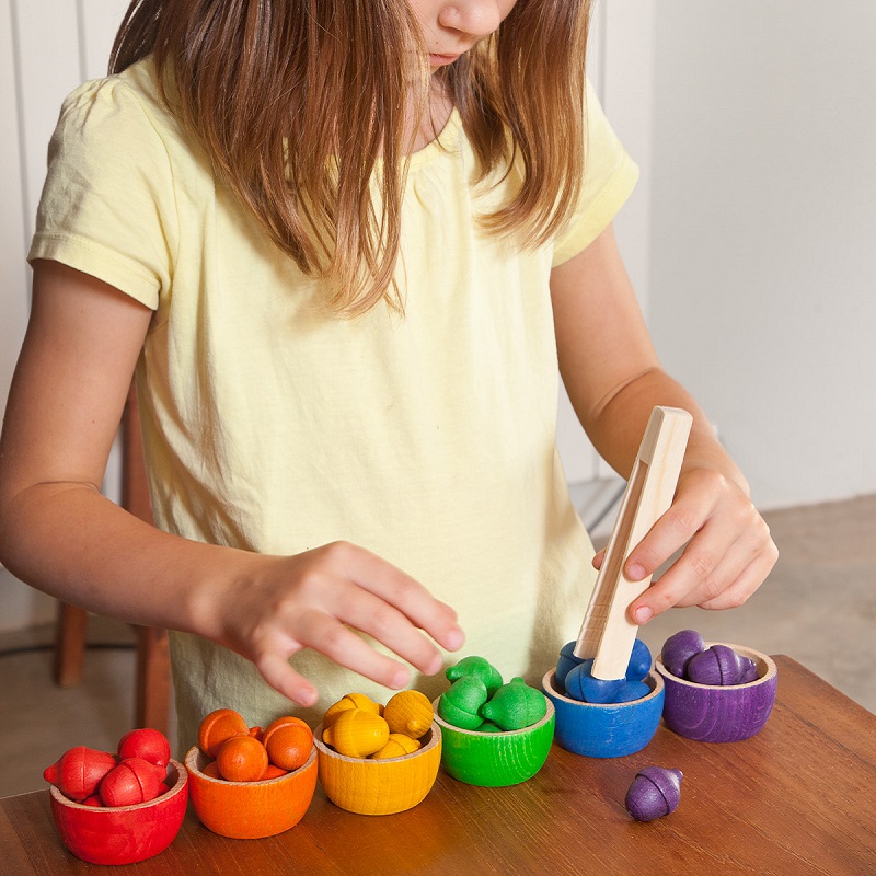 grapat puidust mänguasjad puidust mänguvahendid loovmäng vabamäng sorteerimismäng värvide õppimiseks näpitsad pintsetid