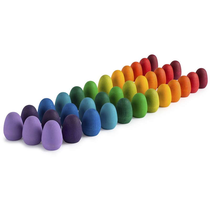 Grapat puidust mängufiguurid õnneloos üllatuskarp kingitus loovmäng vabamäng waldorfpedagoogika waldorfmänguasjad puidust muna vikerkaare toonides värvilised