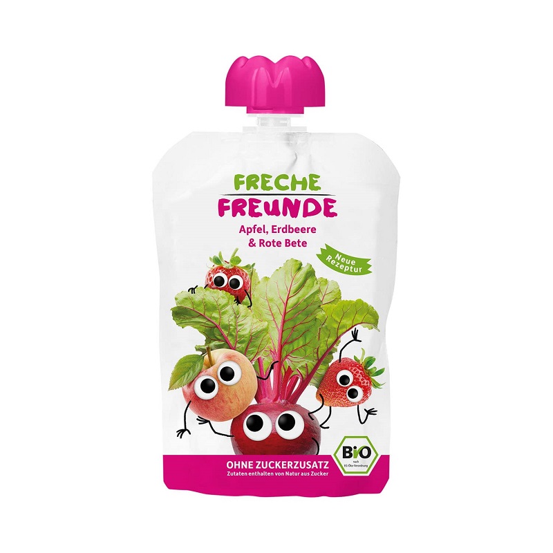 Freche Freunde Puuviljasuhkrutega maasika-, õuna-, peedi- ja vaarikapüree smuuti tuub tuubipüree naturaalne lapsele suhkruta