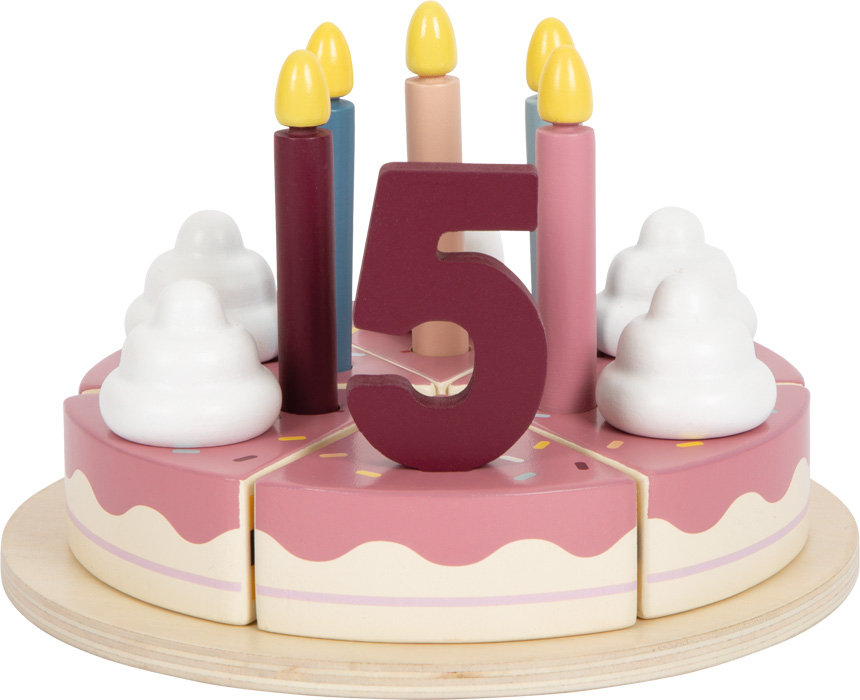Puidust sünnipäevatordi mängukomplekt – lõigatav tort, tordialus ja tordilabidas.