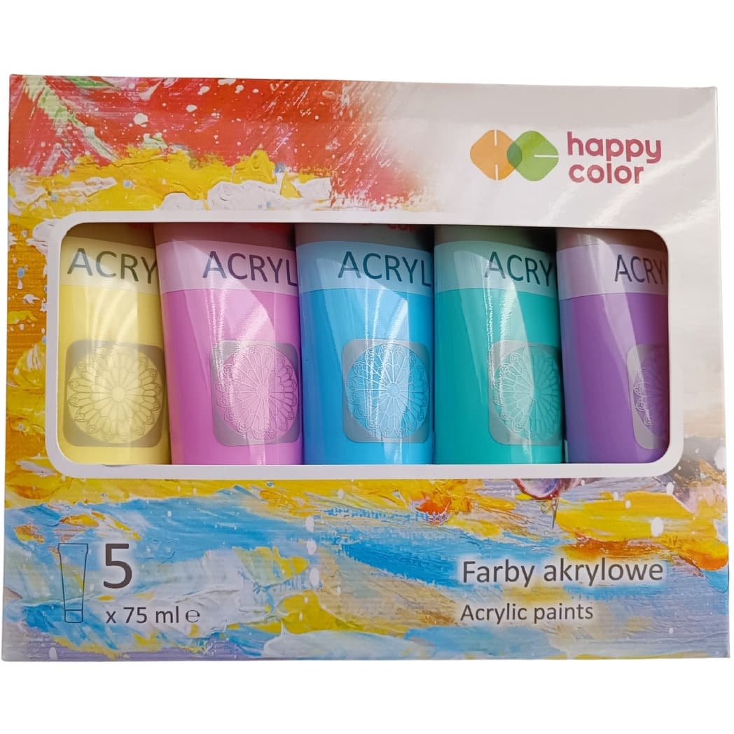 Happy Color pastelsed tuubis akrüülvärvid 5 × 75 ml komplekt, veekindlad ja erinevatele pindadele