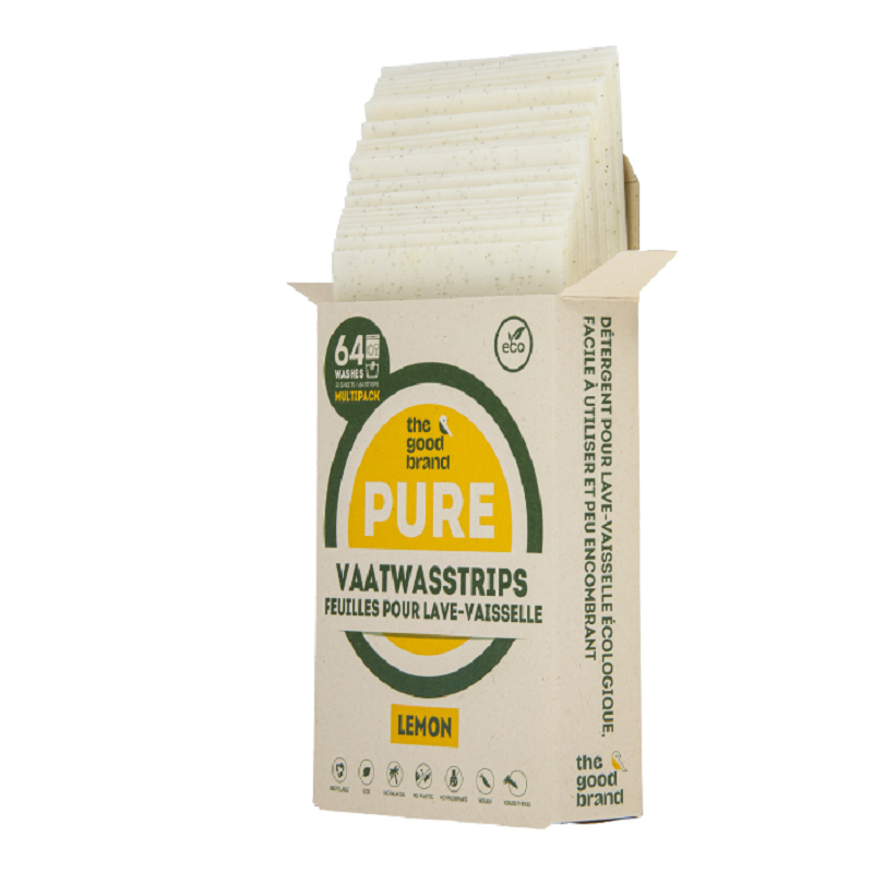 biolagunevad nõudepesumasina ribad sidrunilõhnaga keskkonnasõbralik alternatiiv nõudepesutablettidele The Good Brand plastikuvaba nõudepesuvahend